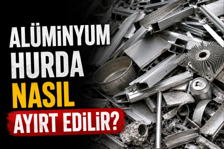 Alüminyum hurda çeşitlerini gösteren, profil, levha ve döküm alüminyum parçalarının bulunduğu bilgilendirici görsel.