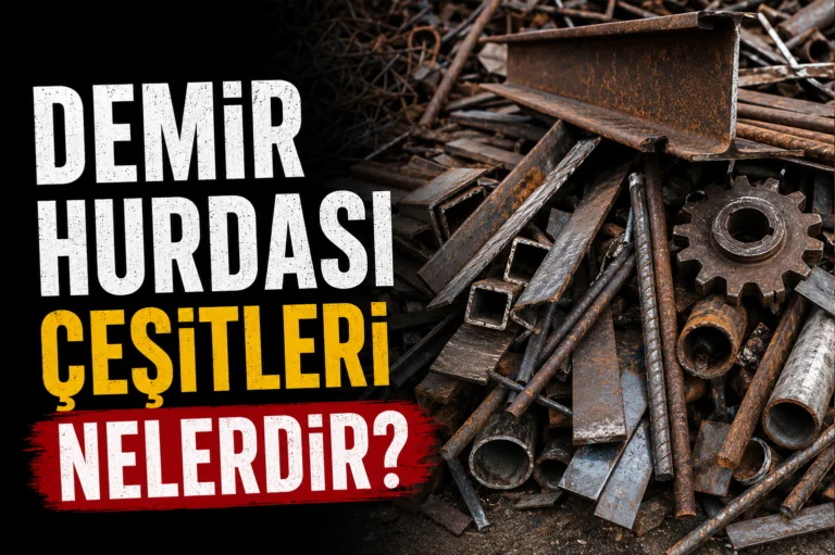 Demir hurda çeşitlerini gösteren, profil demir, inşaat demiri ve metal parçaların bulunduğu bilgilendirici görsel.