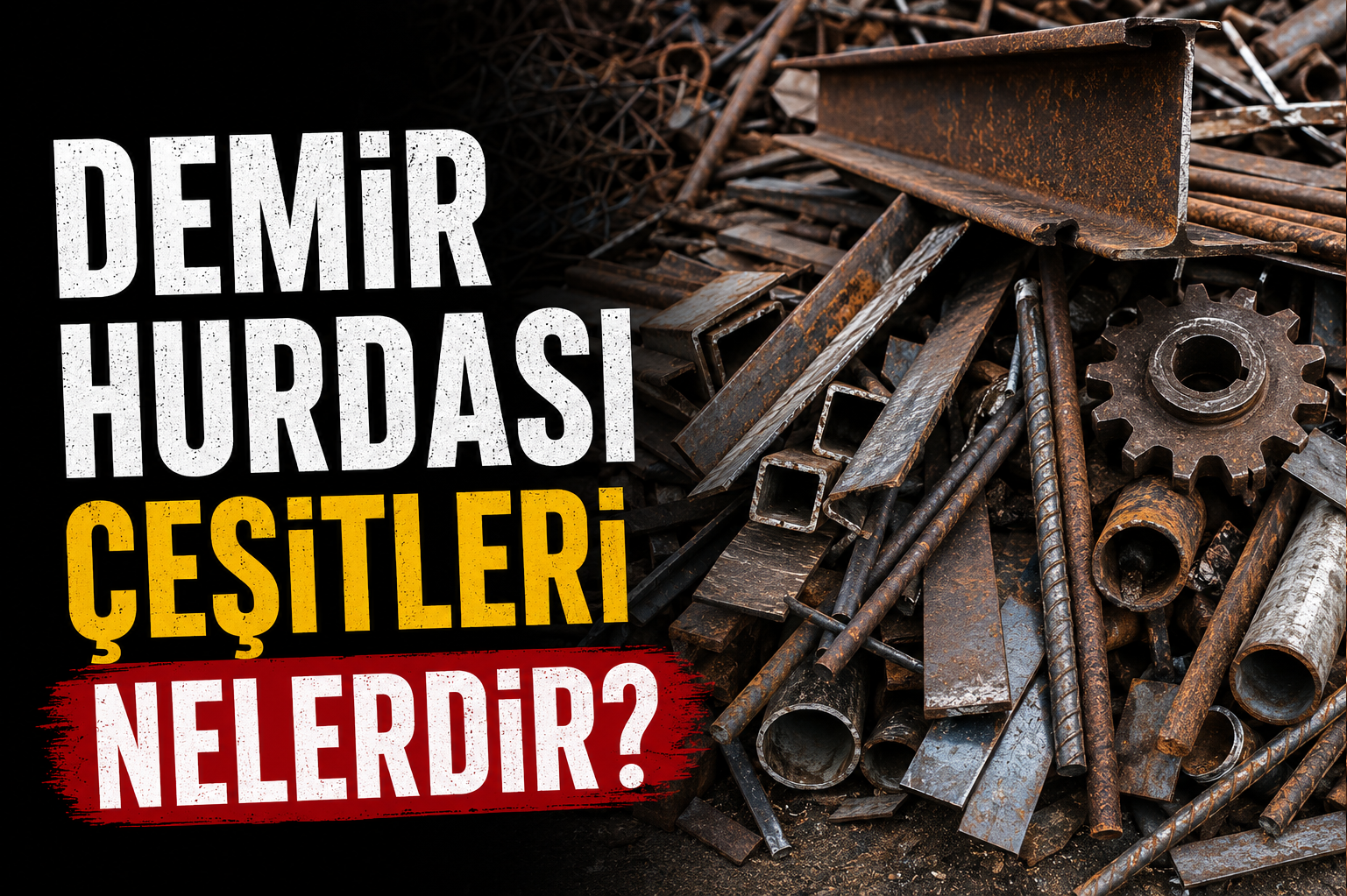 Demir hurda çeşitlerini gösteren, profil demir, inşaat demiri ve metal parçaların bulunduğu bilgilendirici görsel.