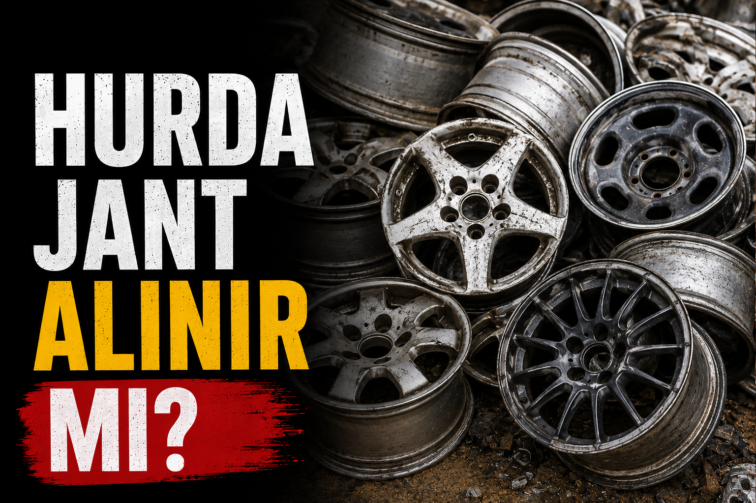 Hurda alüminyum jantları gösteren, farklı ebatlarda otomobil jantlarının bulunduğu bilgilendirici görsel.