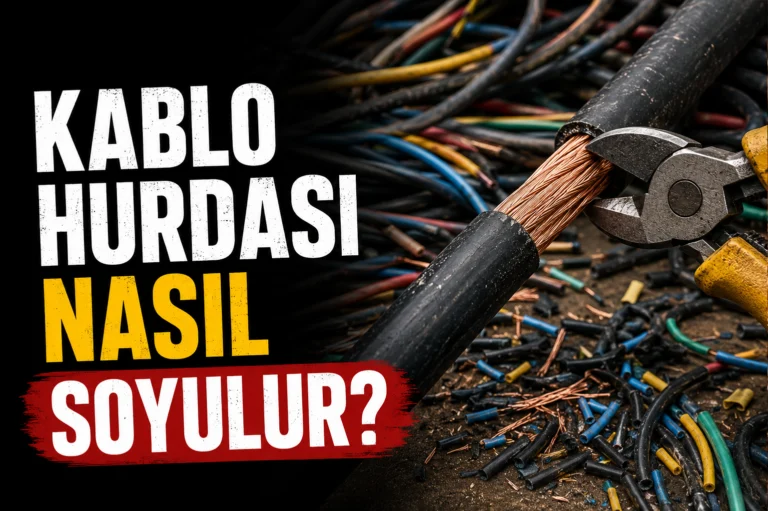 Kablo hurdasının soyulma işlemini gösteren, bakır kablo ve kablo soyma pensesi bulunan bilgilendirici görsel.